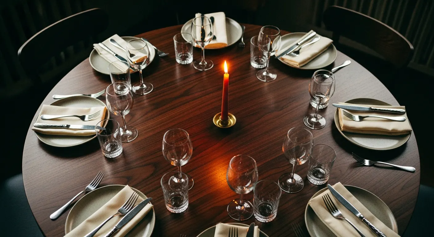 A warm, candlelit neighborhood restaurant with wooden tables set for dinner
